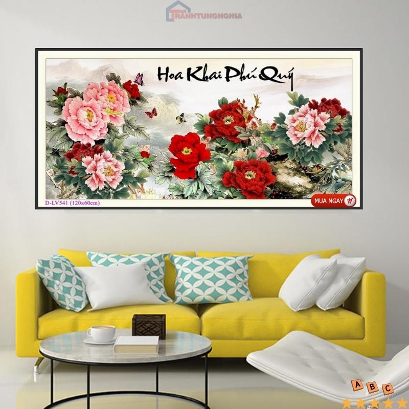 Tranh đính đá, tranh thêu chữ thập hoa mẫu đơn