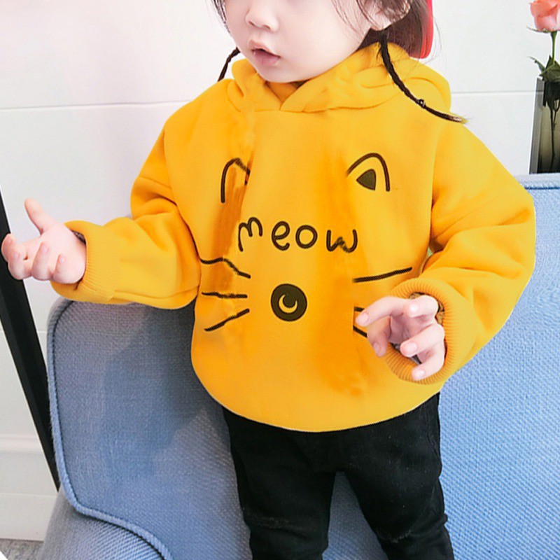 Áo khoác hoodie chui cổ in hình mèo cho bé gái