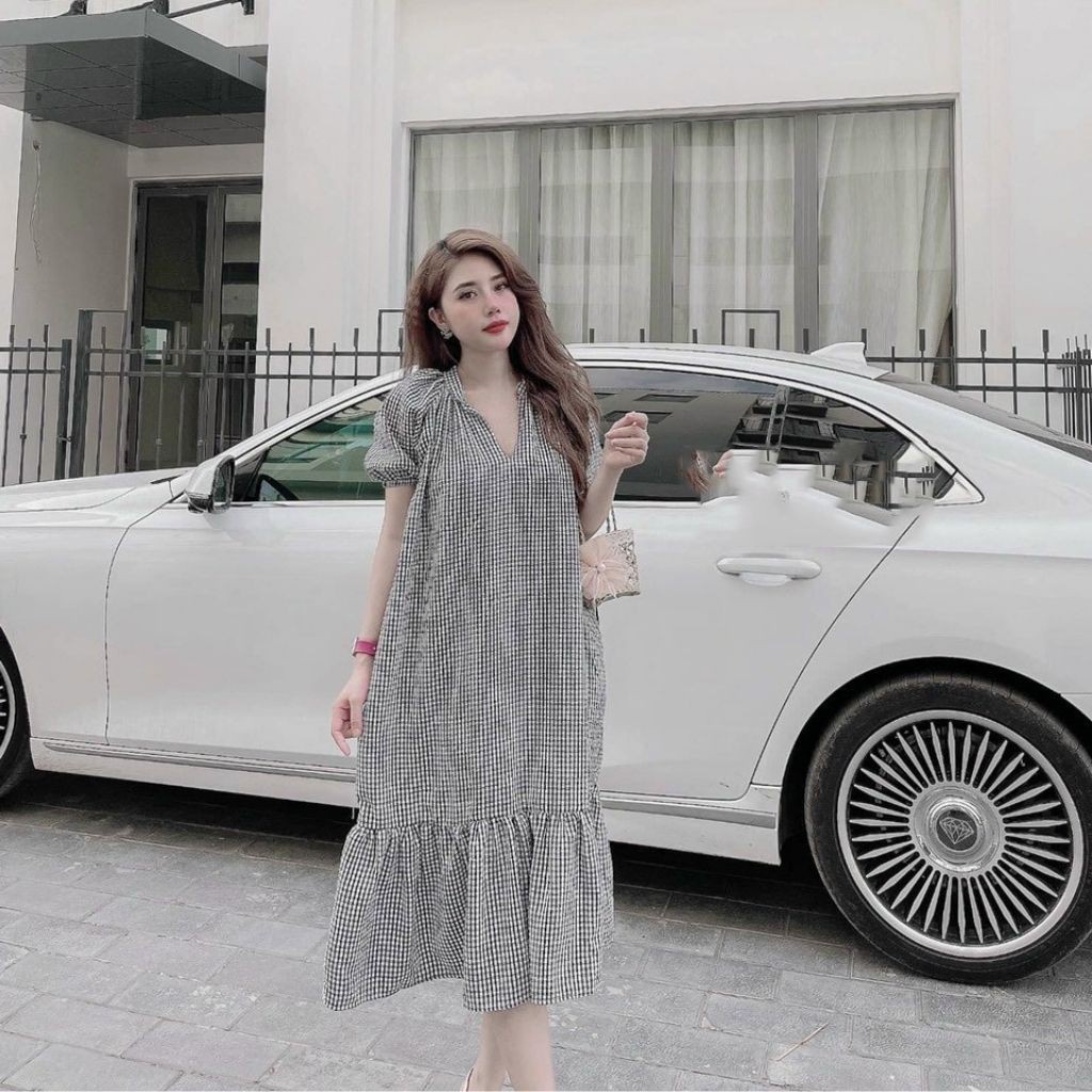 Váy bầu cổ tròn thời trang M383 chất đũi xốp freesize từ 45 đến 70kg