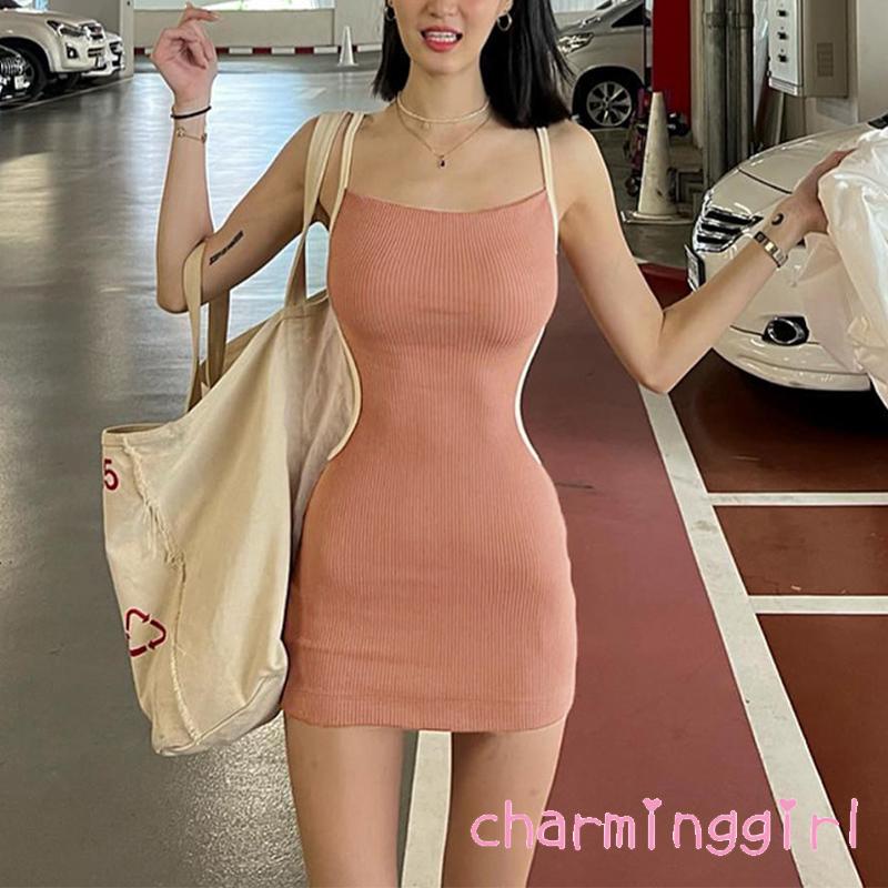 Chm-đầm Mini Hai Dây Ôm Dáng Hở Lưng Phối Màu Tương Phản Cho Nữ