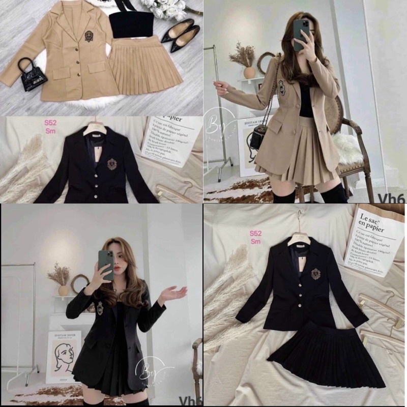 Set vest , chân váy xếp ly