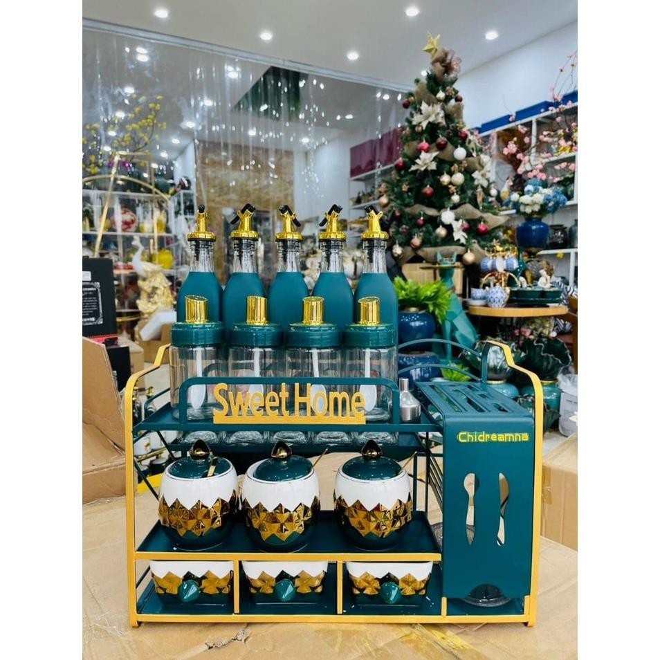 Bộ hũ đựng gia vị cao cấp bằng sứ sweethome13 món 909 ( tặng kèm 3 thìa mạ vàng