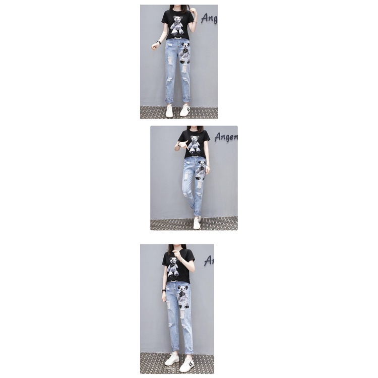 Set Áo Thun + Quần Jean Dài Đính Kim Sa Họa Tiết Hoạt Hình Thời Trang Mùa Hè 2022