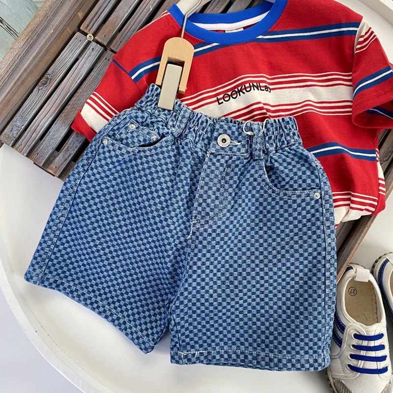 Quần short Jean caro cho bé trai bé gái, Quần Short Denim Họa Tiết Sọc Caro Phong Cách Retro Cho Bé