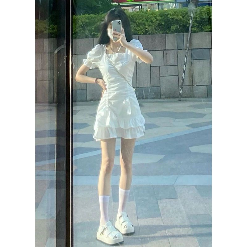 🎀váy babydoll Đầm Tay Phồng Ôm Eo Màu Trắng Nhỏ Nhắn Thời Trang Mùa Hè Ngọt Ngào Cho Nữ