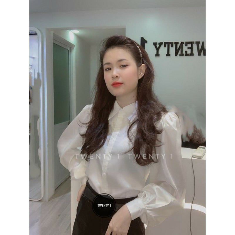 Áo sơ mi LỤA trắng TAY BỒNG cổ đứg siêu yêu