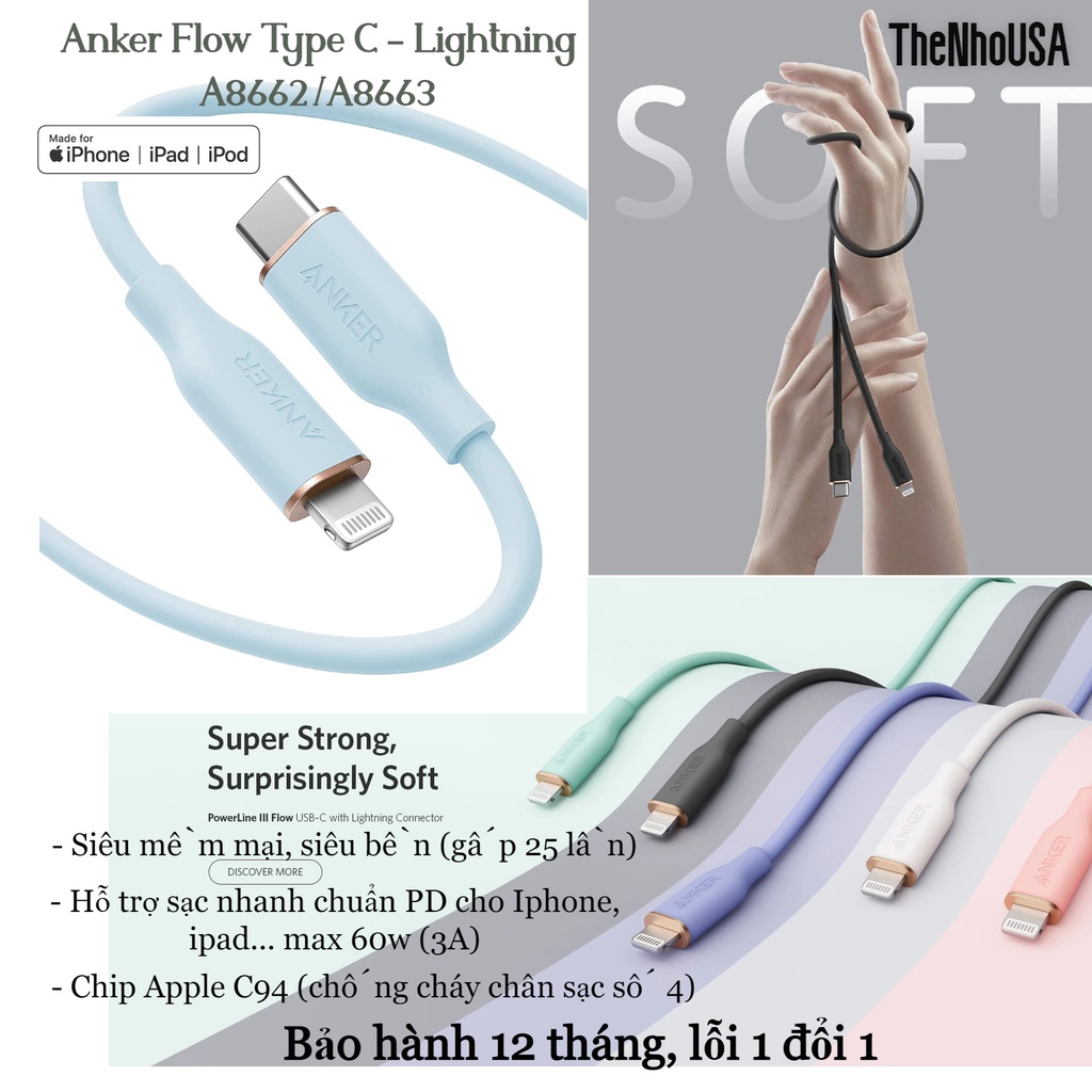 Cáp sạc nhanh Anker PowerLine III Flow USB C - Lightning (A8662) - [BH12T]