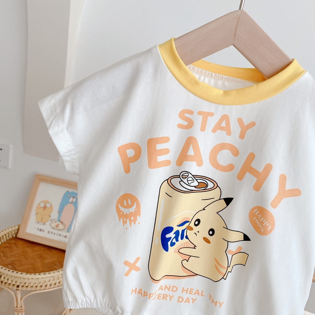 Áo liền quần cotton tay ngắn in họa tiết hoạt hình đáng yêu thời trang mùa hè dành cho trẻ sơ sinh