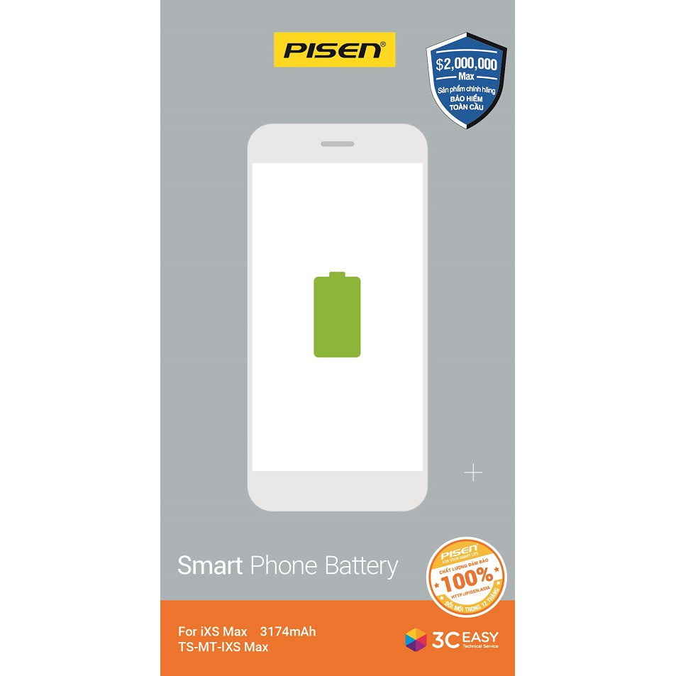Pin điện thoại Pisen dành cho Iphone Xs max + tặng kèm cáp iphone lightning fast - Hàng chính hãng