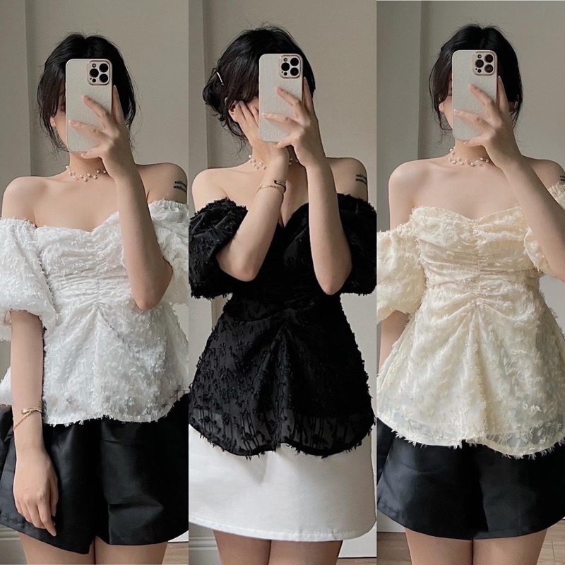SET ÁO PEPLUM LÔNG RỚT VAI NHÍU NGỰC KÈM CHÂN VÁY ĐEN XOÈ