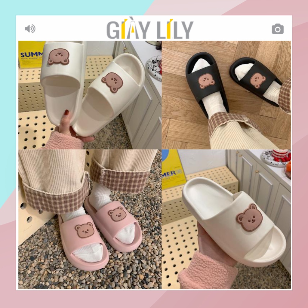 Dép nữ bánh mì hình gấu xinh quai ngang đế bằng in hình ngộ nghĩnh chống nước chống trơn trượt LILY