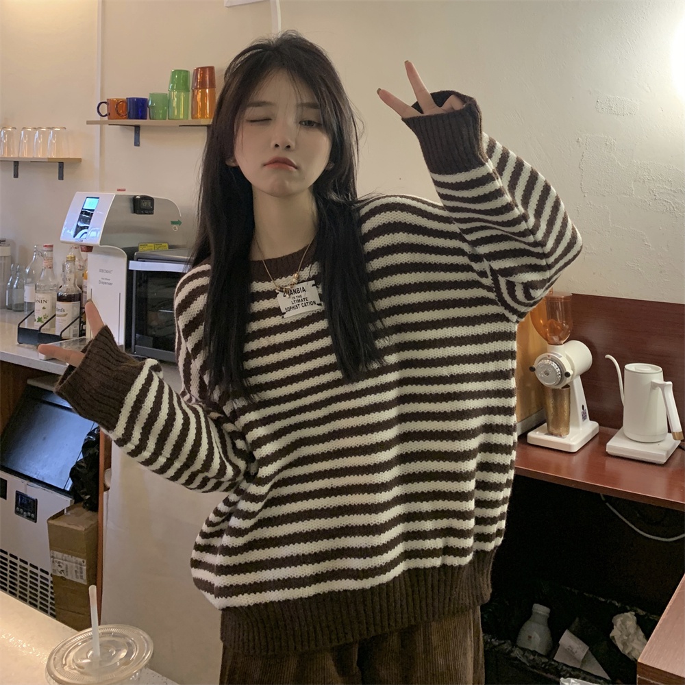 ZHELIHANGFEI Áo Len Tay Dài Form Rộng Họa Tiết Sọc Theo Phong Cách Phương Tây Dễ Phối Đồ
