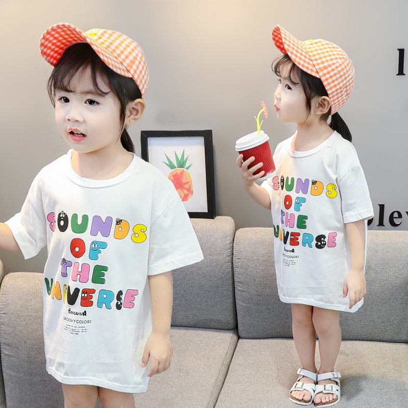 Áo phông dáng thụng - Áo váy trẻ em, đầm suông thun cotton in chữ cho bé gái từ 8 đến 20 kg, SUN KIDS