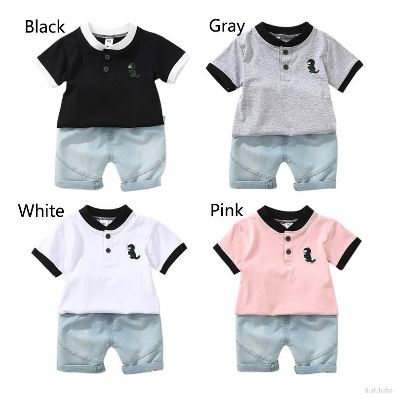Set áo thun + quần short họa tiết khủng long hoạt hình đáng yêu cho bé trai và bé gái