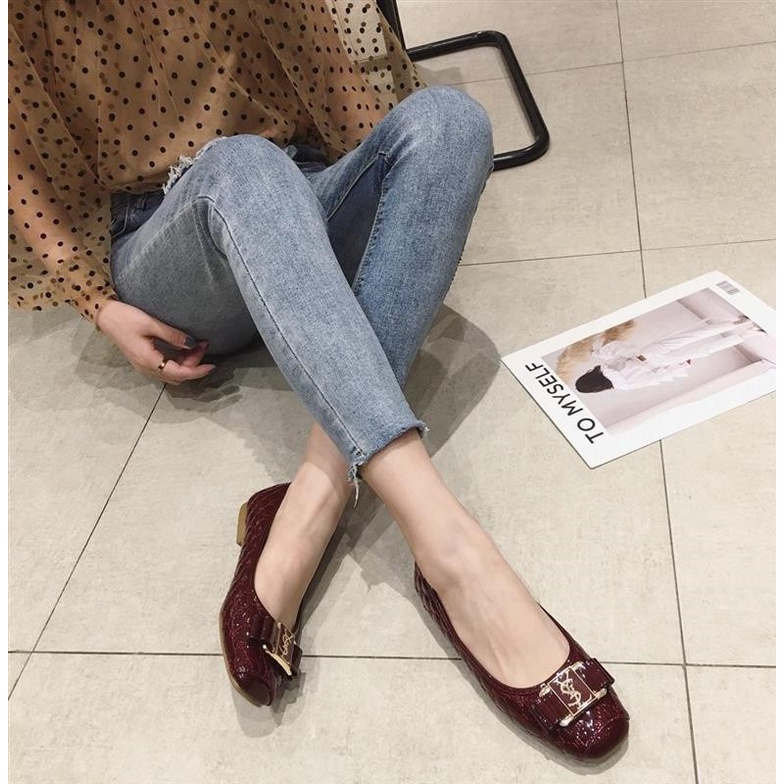 Giày búp bê da bóng mũi vuông thời trang thanh lịch 2021