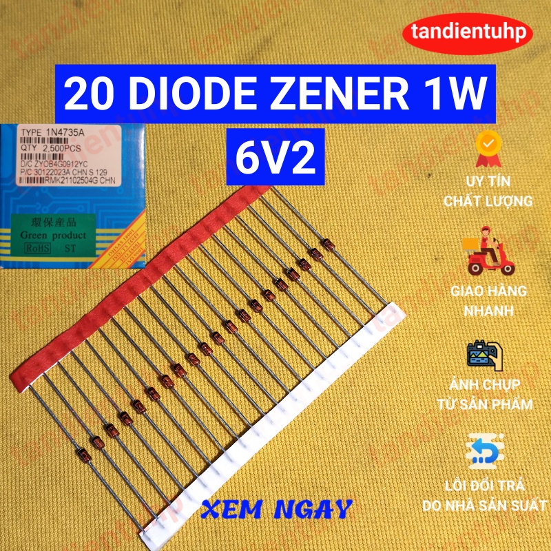 20 diode Zener 1W đi ốt ổn áp kiểu chân DO-41 trị số:1N4735A 6V2,1N4736A 6V8, 1N4737A 7V5, 1N4738A 8V2, 1N4739A 9V1 mới