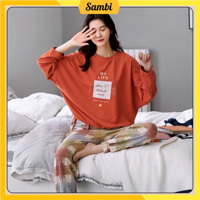 Bộ đồ thu đông nữ Sambi dài tay mặc nhà quần kẻ quần áo ngủ nữ phối hoạ tiết dễ thương | BigBuy360 - bigbuy360.vn