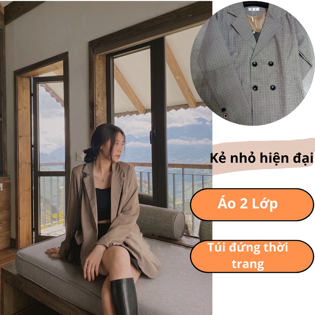 ÁO BLAZER NỮ 2 LỚP KẺ CARO MÀU NÂU THỜI TRANG PHONG CÁCH HÀN QUỐC MỚI NHẤT2022 | BigBuy360 - bigbuy360.vn