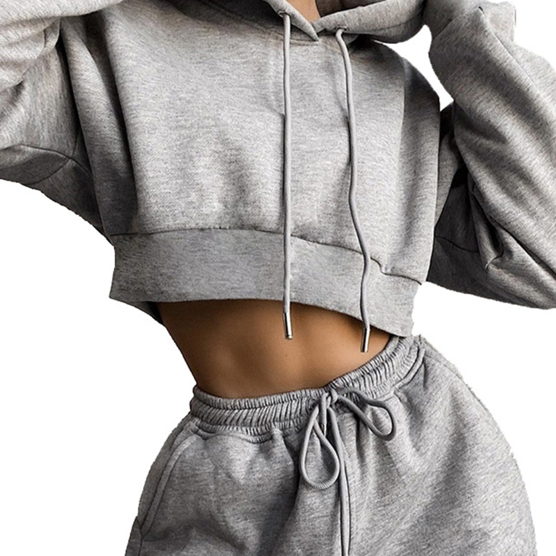 Set Đồ Thể Thao 2 Món Áo Hoodie Tay Dài Phối Quần Dài Màu Sắc Trơn Thời Trang Cho Nữ