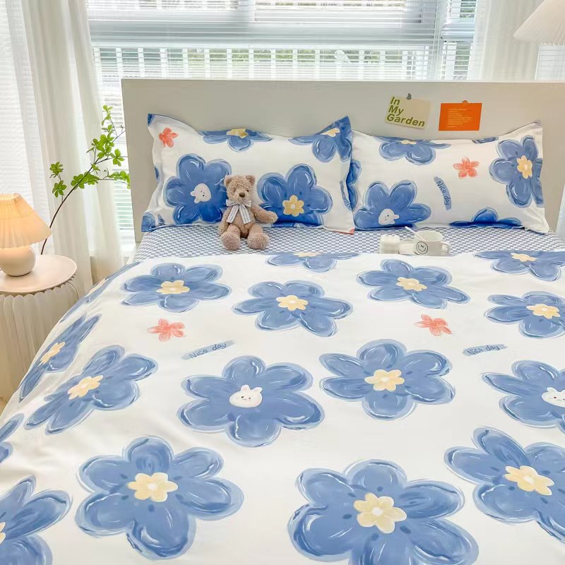 Bộ chăn ga gối cao cấp ETAMI cotton poly hoa xanh cute miễn phí bo chun drap giường , ga trải giường