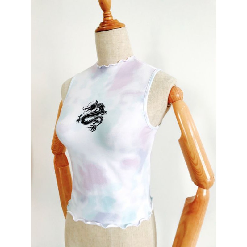 Áo crop top cổ lọ cuốn biên loan màu in rồng đen