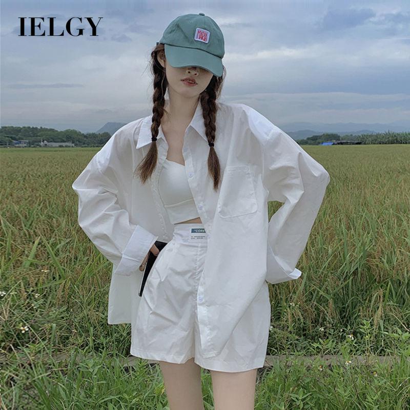 Áo sơ mi IELGY tay dài màu trắng phối túi chống nắng cho nữ