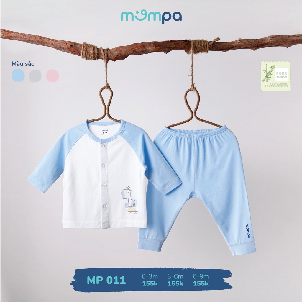 Bộ quần áo sơ sinh Mompa 0-9 tháng vải sợi tre bamboo dài tay cúc giữa mềm co giãn 011