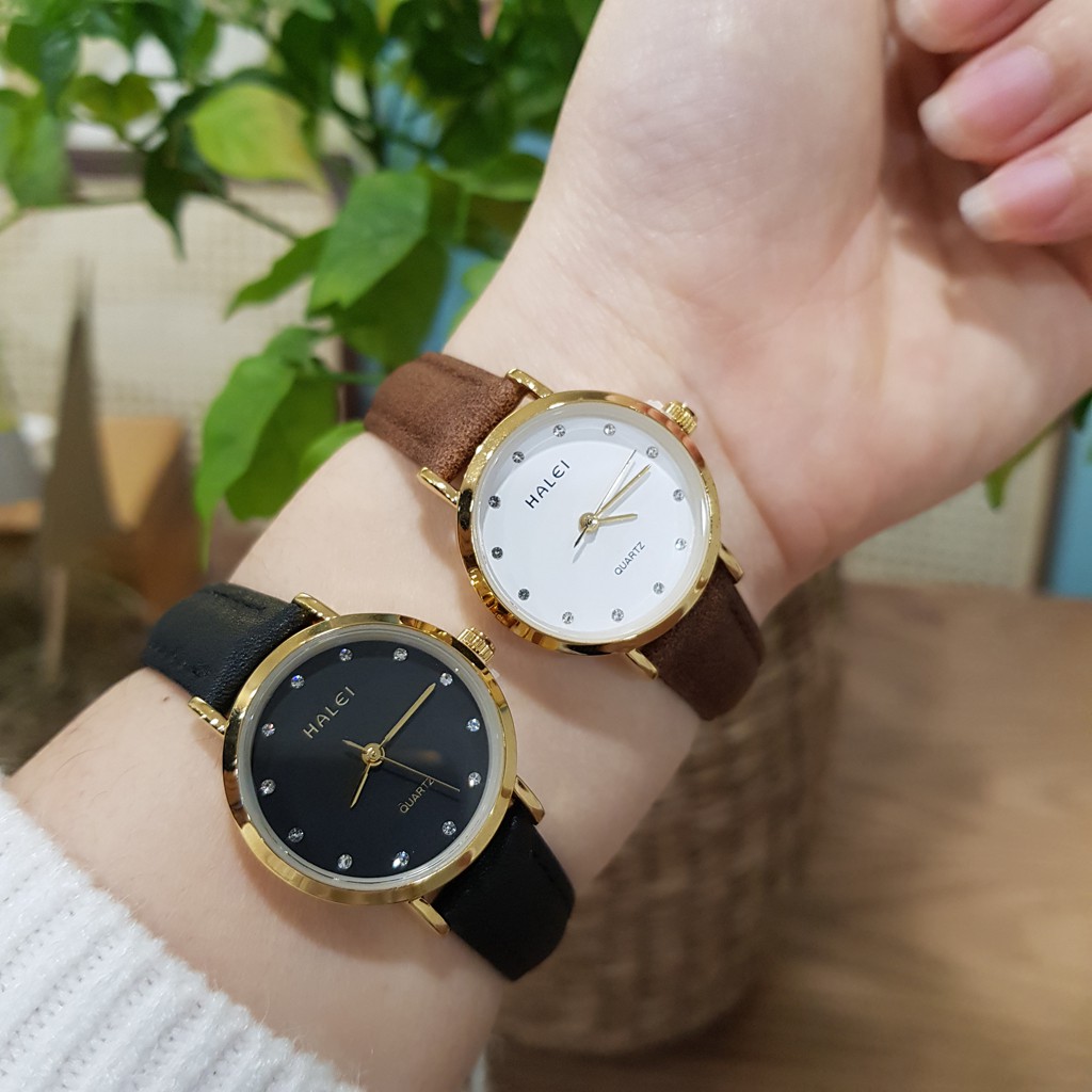 Đồng hồ cặp đôi nam nữ Halei dây da đen mặt ngọc chính hãng Tony Watch 68 | BigBuy360 - bigbuy360.vn