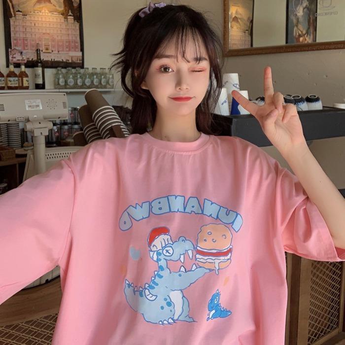 100% cotton 2021 new summer short sleeve women's T-shirt loose Korean versatile little dinosaur printed clothes