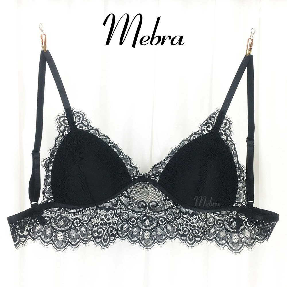 Áo bra chân ren không gọng có mút 2 dây lông mi đen sexy thương hiệu Mebra CR011