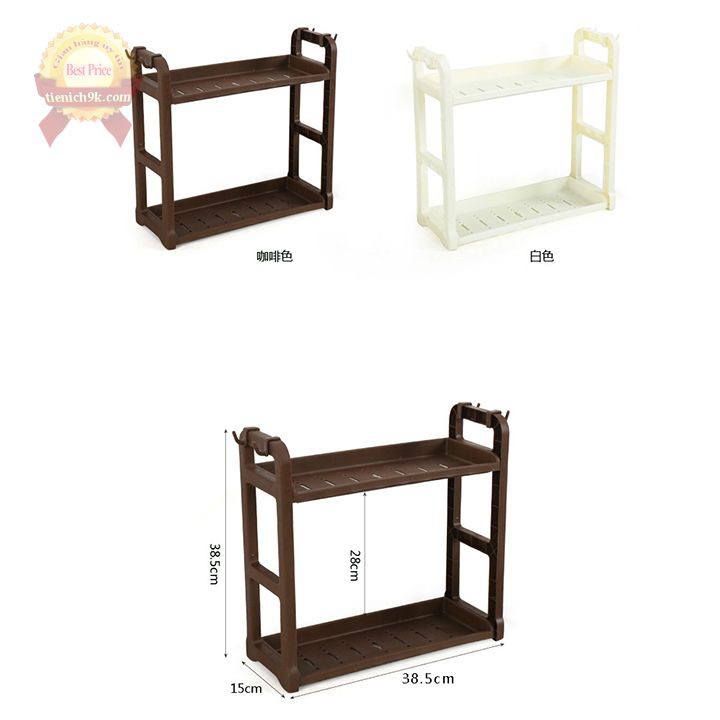 Kệ mini 2 tầng để gia vị đồ ăn nhà bếp , đựng dầu gội phòng tắm nhựa PP dày dặn an toàn – có móc treo đồ hai bên | BigBuy360 - bigbuy360.vn