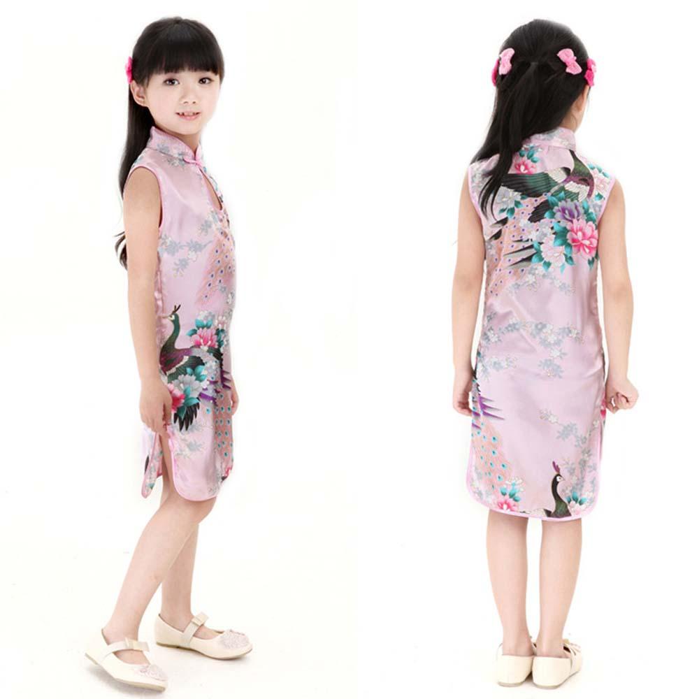 Đầm Qipao Thêu Hình Chim Công Dễ Thương Cho Bé Gái