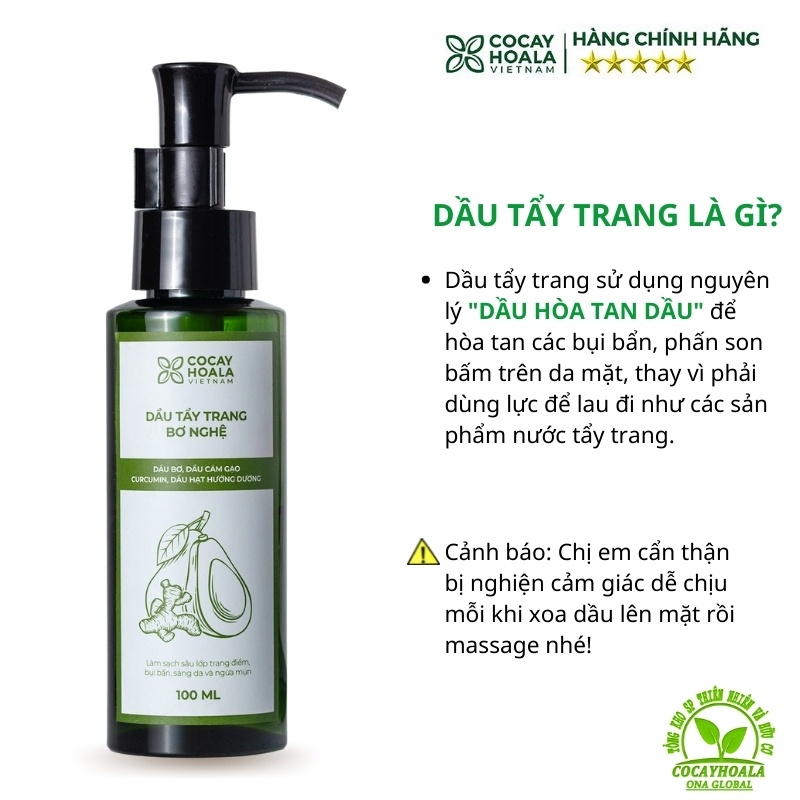 Dầu Tẩy Trang Bơ Nghệ Cocayhoala, làm sạch sâu lớp trang điểm, bụi bẩn, sáng da, ngừa mụn chai 100ml