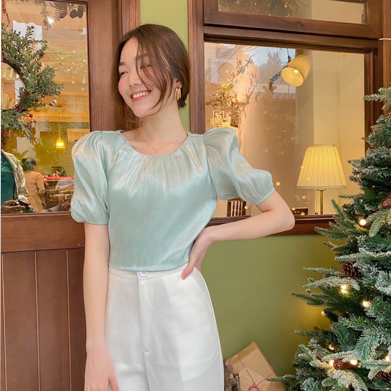 Áo croptop nữ tay ngắn phồng Hàn Quốc LUCETFASHION lụa organza cao cấp trắng xanh kem hồng Fancy Top