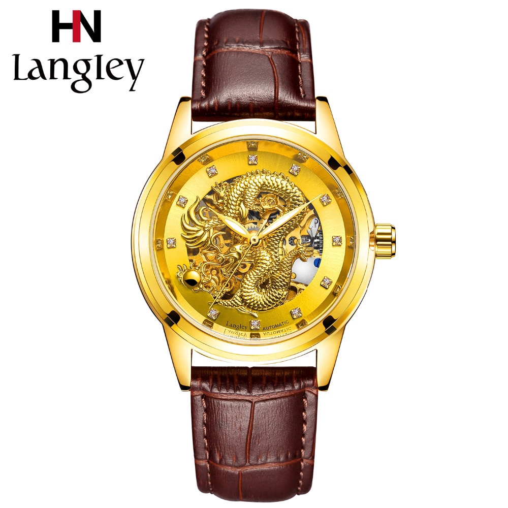 LANGLEY 3D Dragon Design Genuine Leather/Full Stainless Steel Automatic Mechanical Watch Double press butterfly clasp