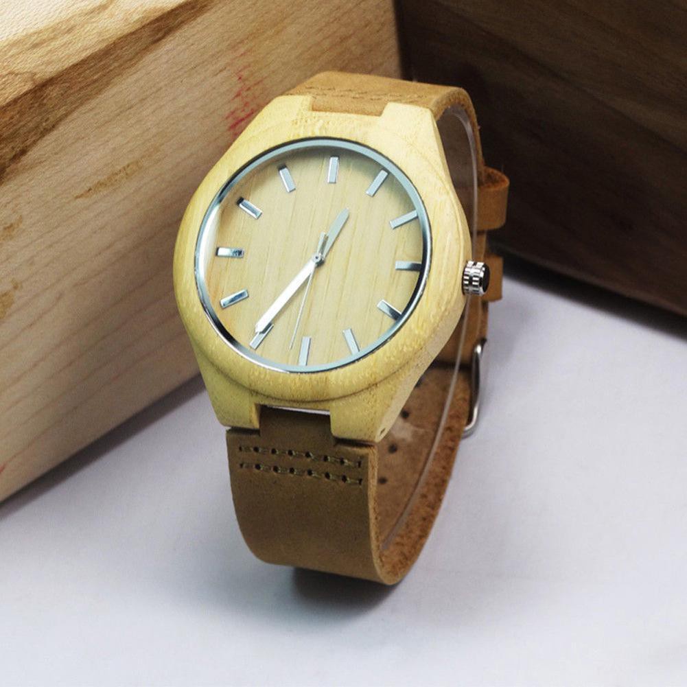 Wristwatch Male Handmade Wooden Quartz Watch Leather Strap Bamboo Wood