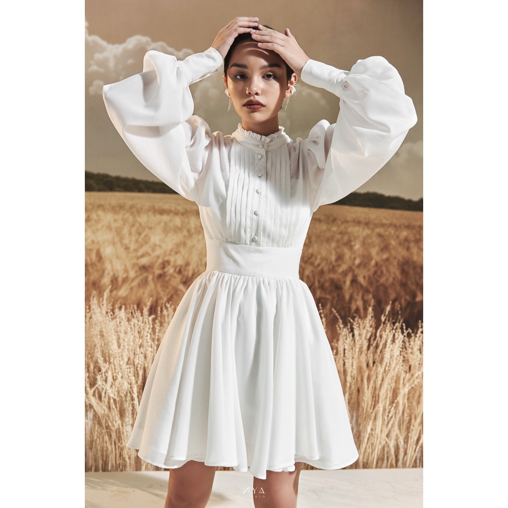 Đầm xòe ngắn tay dài phồng, cổ nhún bèo kín đáo MADELYNN MIDI DRESS | NYA STUDIO