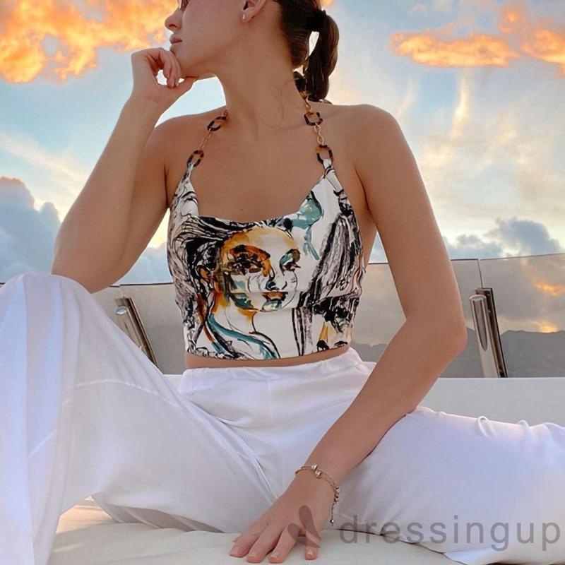 Áo dây phối dây xích cổ yếm hở lưng in họa tiết chân dung quyến rũ thời trang cho nữ