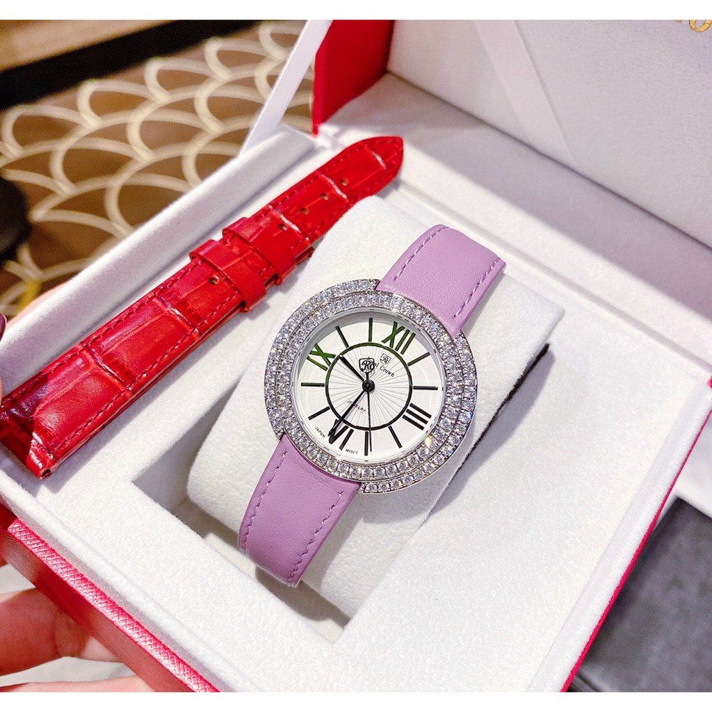 Đồng Hồ Nữ royal crown dây da màu hồng/đen , viền nạm đá , size 36mm