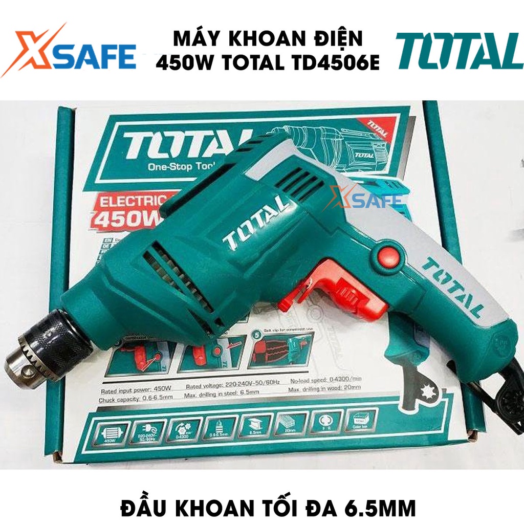 Máy khoan cầm tay TOTAL TD4506E 450w, khả năng khoan sắt 6mm, khoan gỗ 20mm, tốc độ 3200rpm, đầu khoan 6.5mm