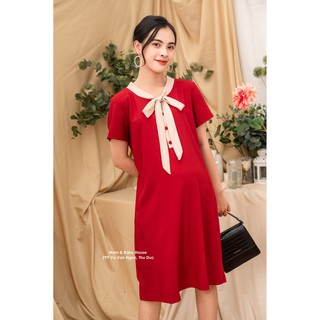 Đầm bầu form suông phối nơ cổ gọn dáng