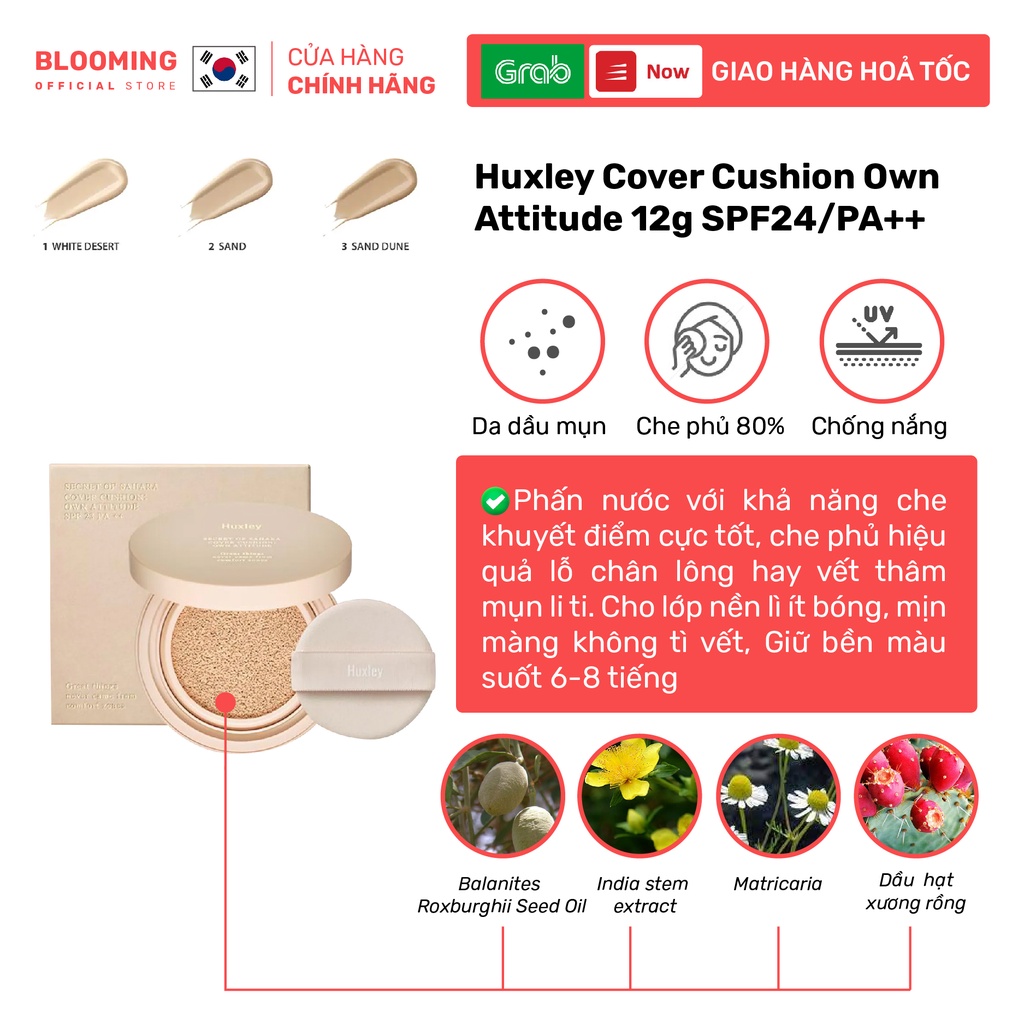 Phấn nước mịn lì mờ khuyết điểm Huxley Cover Cushion Own Attitude 12g SPF23/PA++/Giữ bền màu suốt 6-8 tiếng