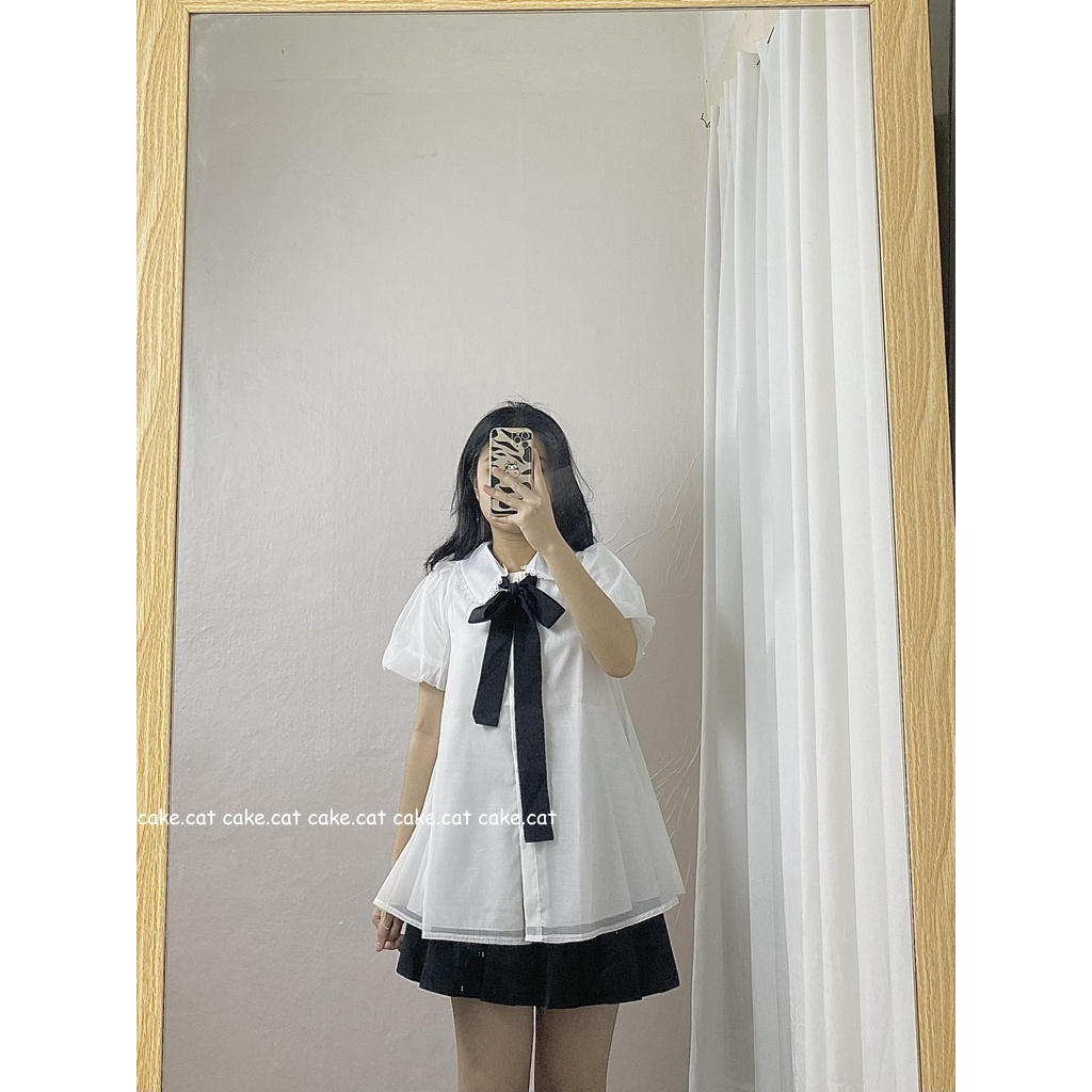 Áo Babydoll Voan Nơ Đen Tay Bồng Lót Lụa Cổ Xinh