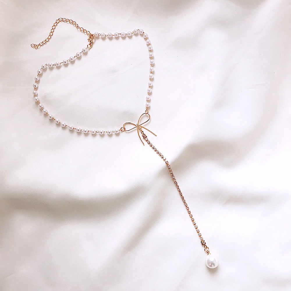 Dây chuyền mặt hình nơ đính ngọc trai nhân tạo cổ điển