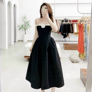 Đầm dự tiệc ❤️freeship❤️ 2 dây dáng xòe xẻ tà chích eo kèm bông đính