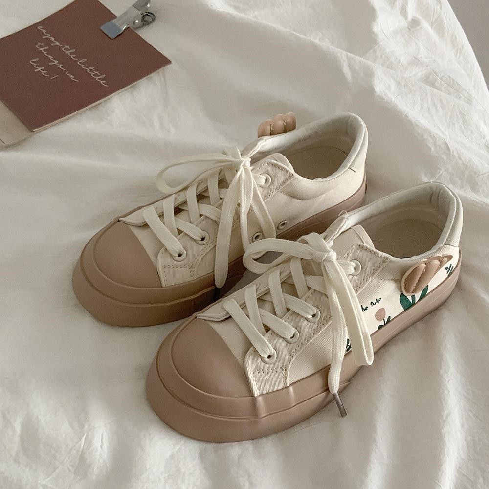 Giày Thể Thao Nữ Vải canvas In Hình Hoa Tulip Xinh Xắn