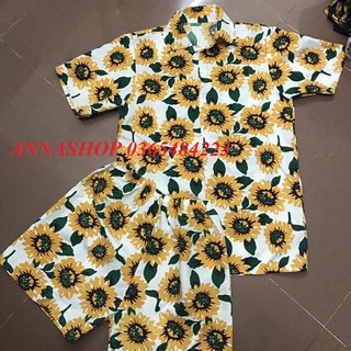 BỘ ĐI BIỂN HOA HƯỚNG DƯƠNG NỀN TRẮNG CỔ BẺ, VẢI KATE THÁI XỊN (Hình thật)