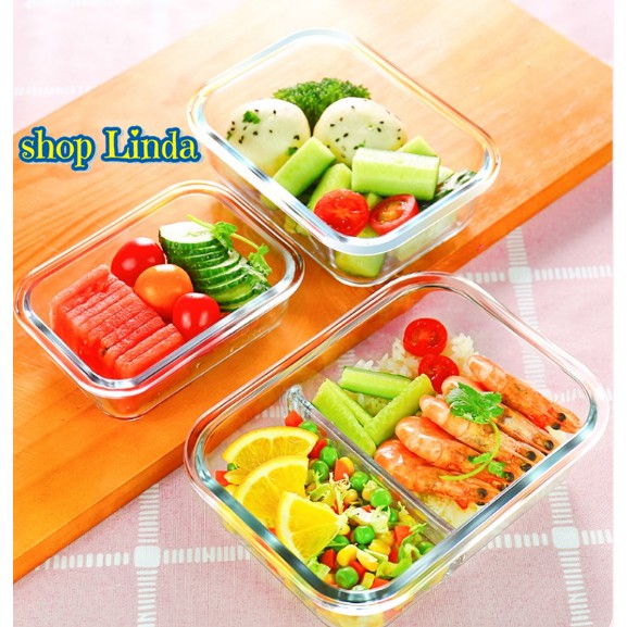 [Tặng túi+đũa thìa] Combo 2 Hộp Đựng Cơm Thủy Tinh Cao Cấp 1000ml 2 ngăn + 1 hộp tròn 660ml | BigBuy360 - bigbuy360.vn