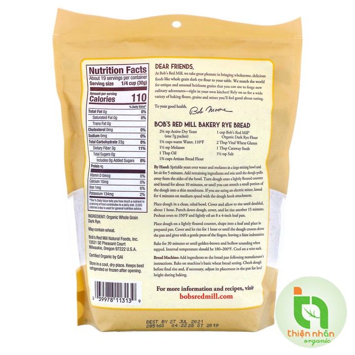 Bột lúa mạch đen nguyên cám hữu cơ Bob's Red Mill 567gr - Organic Whole Grain Dark Rye Flour