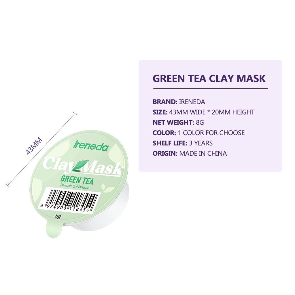 Ireneda Mặt Nạ Đất Sét Trà Xanh Dưỡng Ẩm Kiểm Soát Dầu Làm Sạch Lỗ Chân Lông